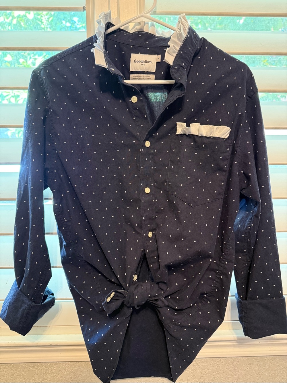 Goodfellow & Co woman’s Navy Dot-Print Ruffle Collar Button-Down Shirt